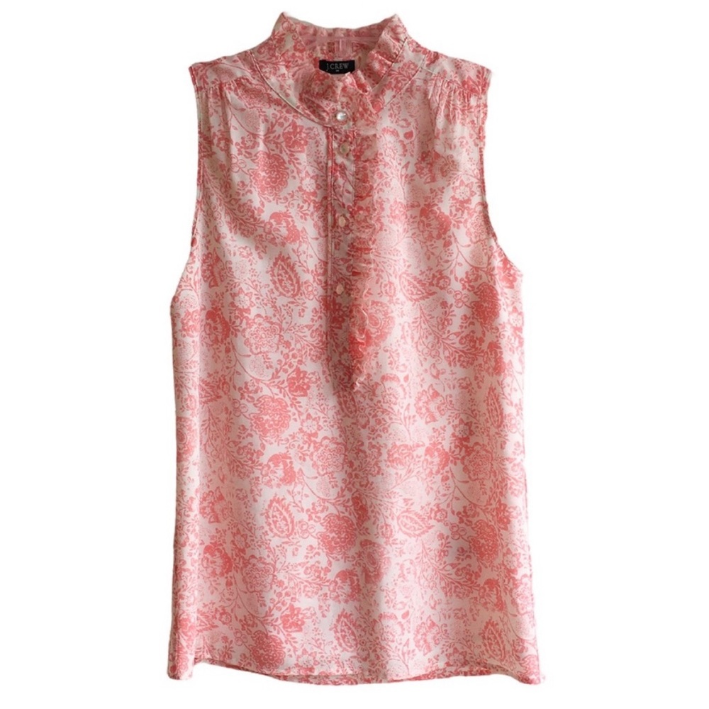 J Crew Ruffle Neck Floral Blouse, Pink & White Chinoiserie Top